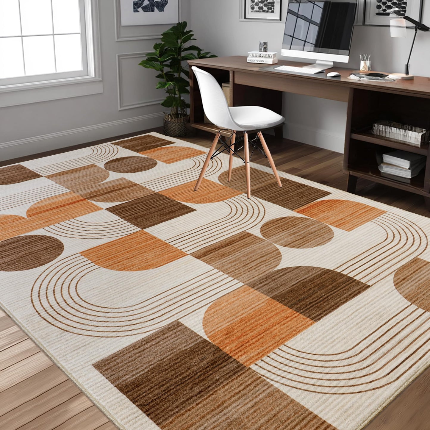 QDUIDU Large Machine Washable 6x9 Area Rug, Soft Modern Geometric Abstract Orange Rugs for Bedroom Living Room, Non-Shedding Faux Wool Indoor Throw Floor Carpet for Office Entryway Dining Room Decor