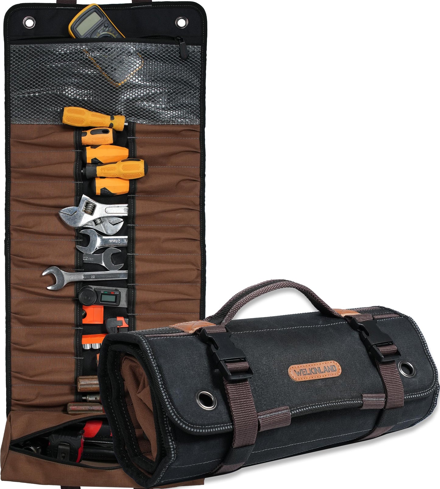 WELKINLAND 23-Pocket Canvas Tool Roll, Heavy-Duty Tool Wrap Roll, Waterproof Canvas Roll Up Tool Bag, 14'' Tool Roll Bag Organizers, Easy-Access Screwdriver Roll Up Pouch
