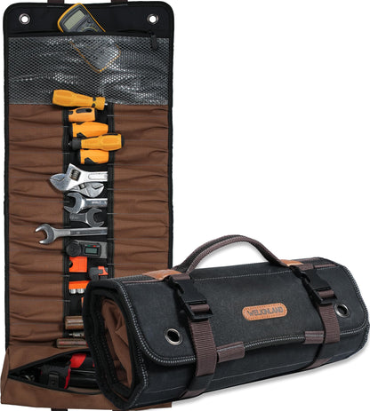 WELKINLAND 23-Pocket Canvas Tool Roll, Heavy-Duty Tool Wrap Roll, Waterproof Canvas Roll Up Tool Bag, 14'' Tool Roll Bag Organizers, Easy-Access Screwdriver Roll Up Pouch