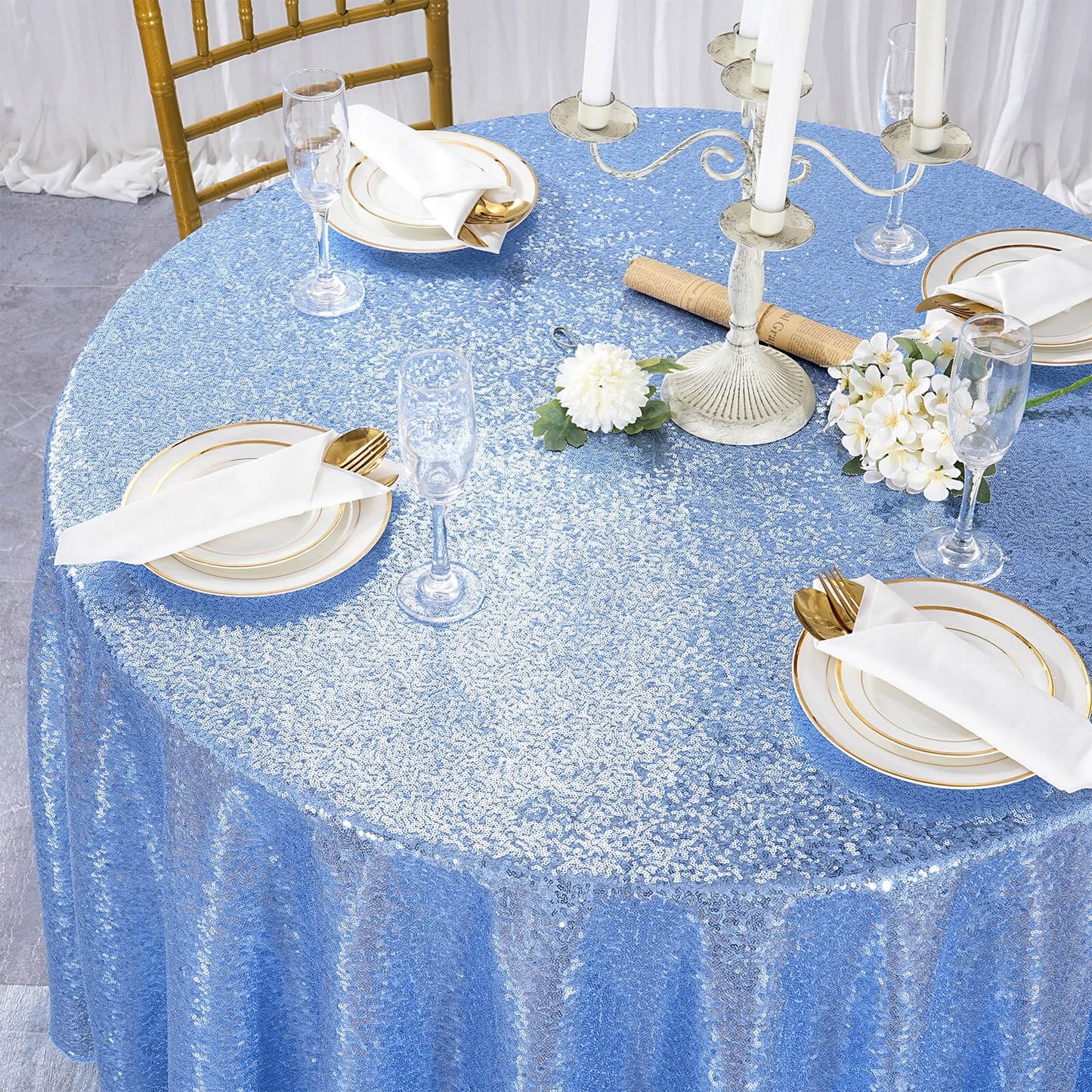 B-COOL Baby Blue Round Tablecloth - 90 Inch Sequin Tablecloth Party Table Covers for Wedding Banquet Dining Birthday Halloween Christmas Party Table Decoration
