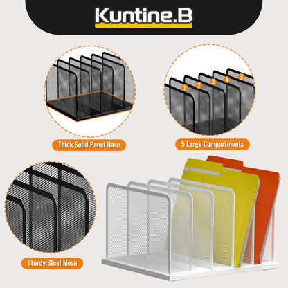 Kuntine.B Desk File Organizer Upright Mesh Desktop Organizer File Sorter Office Organization File Holder for Home, Office & Classroom (White, 1 Pack 5-Section)