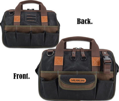 WELKINLAND 30-Pockets Canvas tool bag, 14-Inch Heavy Duty Waxed bags heavy duty, Tool duffel, Lineman Electrician for electricians,Tool men duty Black/Brown/Olive