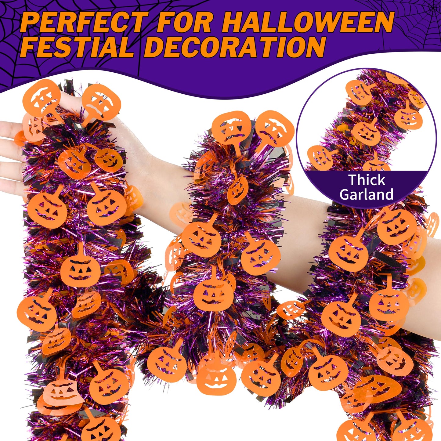 66 Ft Halloween Tinsel Garland, Purple Black Glitter Tinsel Garlands with Orange Pumpkin Metallic Twist Hanging Streamers Decoration for Halloween Party Home Indoor Outdoor Decor Supply