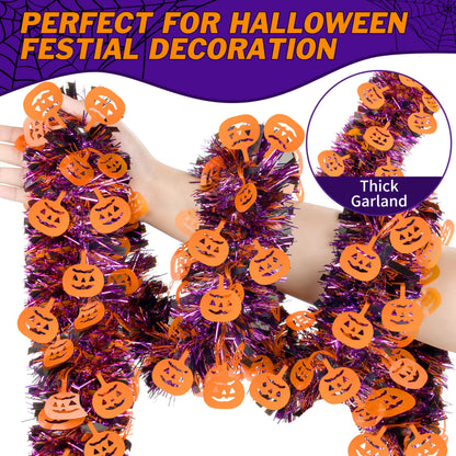 66 Ft Halloween Tinsel Garland, Purple Black Glitter Tinsel Garlands with Orange Pumpkin Metallic Twist Hanging Streamers Decoration for Halloween Party Home Indoor Outdoor Decor Supply
