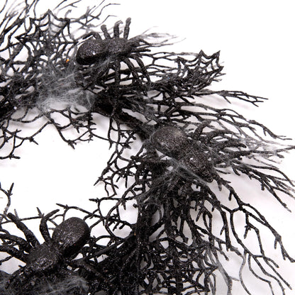 Skrantun 18 Inch Halloween Wreath Black Wreath with Spiders and Webs Door Wreath with Halloween Decorations for Halloween Party and Holiday Decorations