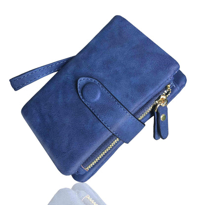 AOXONEL Women's Small Bifold Leather wallet Rfid blocking Ladies Wristlet with Card holder id window Coin Purse (Blue)