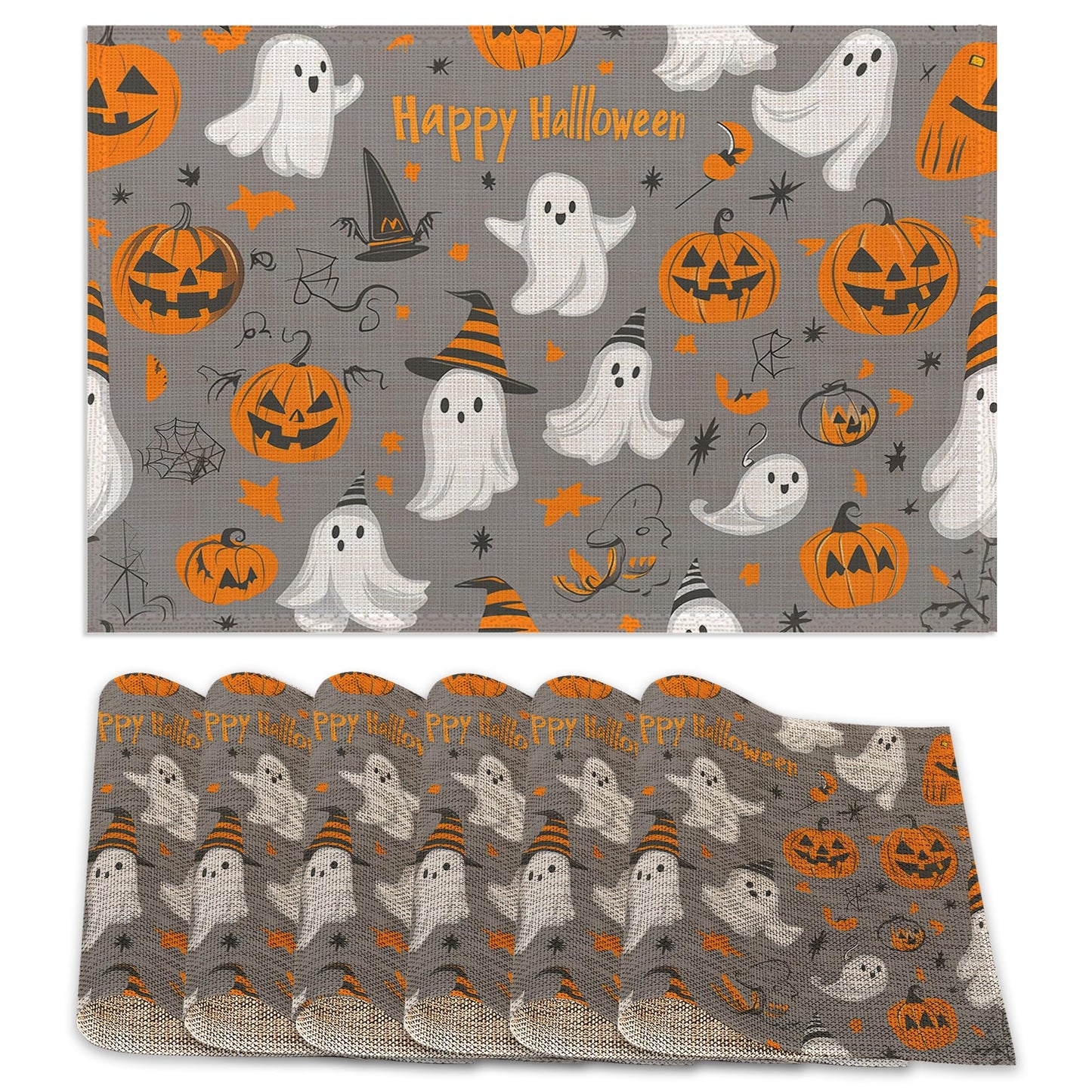 Placemats Set of 6,Pumpking Ghost Table Mats,Halloween Washable Linen Table Mats,Non-Slip Heat Resistant Placemats for Party Kitchen Dining Indoor Outdoor 12"x18"