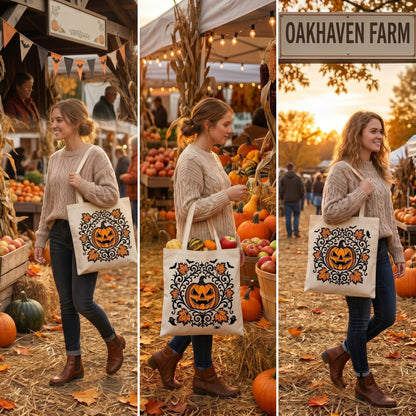2 Pack Vintage Fall Halloween Canvas Tote Bags,Retro Gothic Ghost Witch Pumpkin Bat&Autumn Maple Leaf,Reusable Carryall Bags for Trick-or-Treat,Fall Harvest&Thanksgiving Gifting (Bat&Pumpkin)