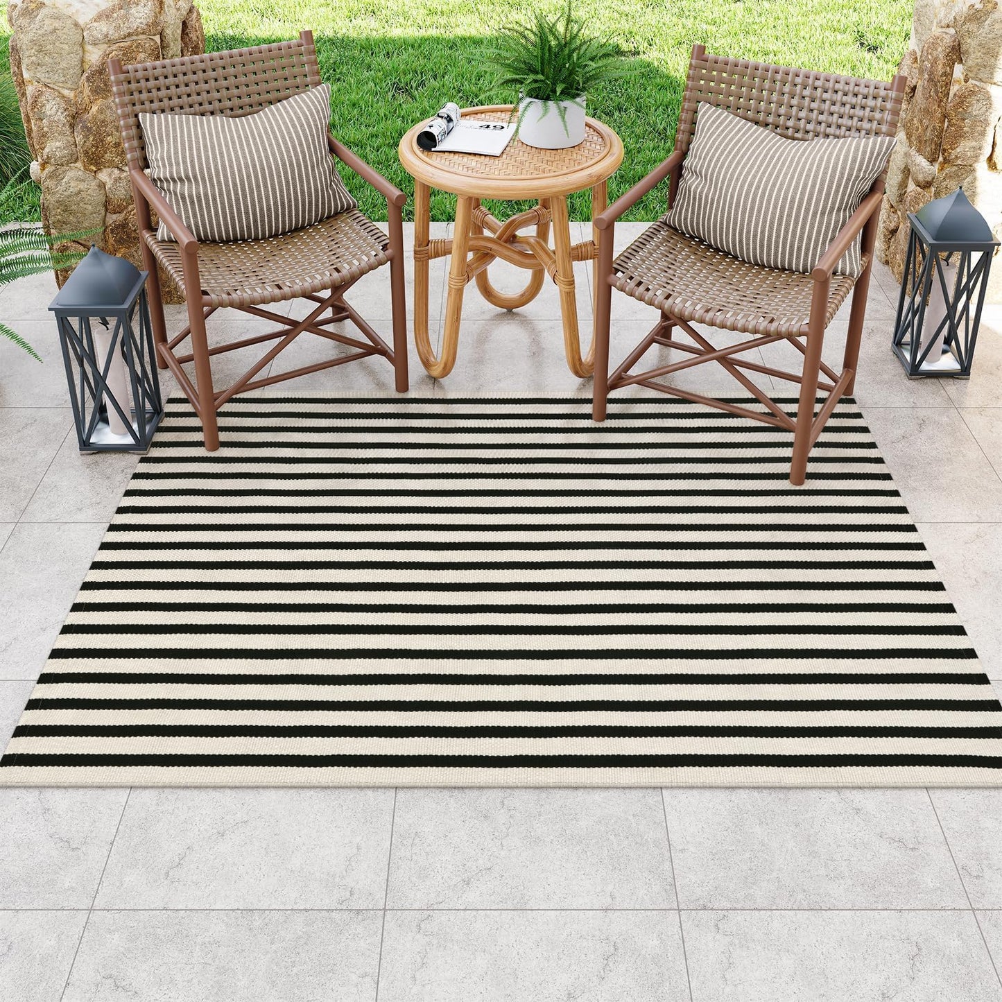 OJIA Washable Area Rugs 4'x6', Black and Cream Outdoor Rug Cotton Woven Entryway Rugs Indoor Striped Patio Rugs Carpet Large Area Rugs for Bedroom/Porch/Deck/Backyard/Home Outside Entrance Decor