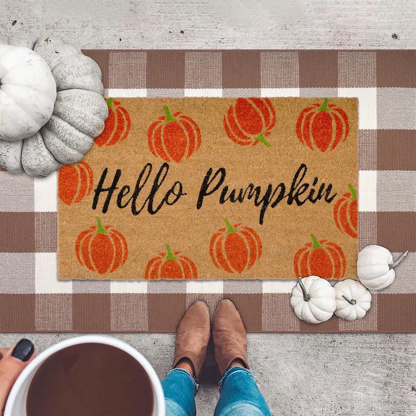 Fall Decor Door Mat Combo Set, Hello Pumpkin Coco Coir Welcome Doormat + 28" x 43" Mocha and White Plaid Rug, Autumn Thanksgiving Front Porch Entryway Decor Floor Mats