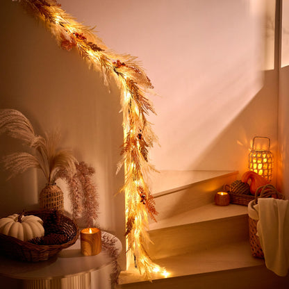 DecorbyHannah Fall Garland for Mantle with Lights, 6ft Pre-Lit Light Up Artificial Faux Pampas Grass Garland with Pine Branch Berry Thanksgiving Decor for Indoor Home Table Mantle Decoration