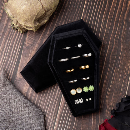 Giftop Large Velvet Coffin Ring Box Jewelry Tray Travel Case Hold Up 15 Rings for Accessories Gothic Home Jewelry Organizer Decorations Goth Decor Gifts (Black)