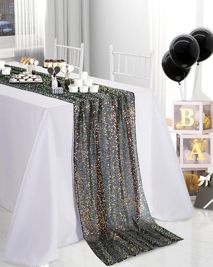 Black Sequin Table Runner 25"x120" Iridescent Table Runner Sparkly Fabric for Black Wedding Bachelorette Holiday Celebration Halloween Party Decorations