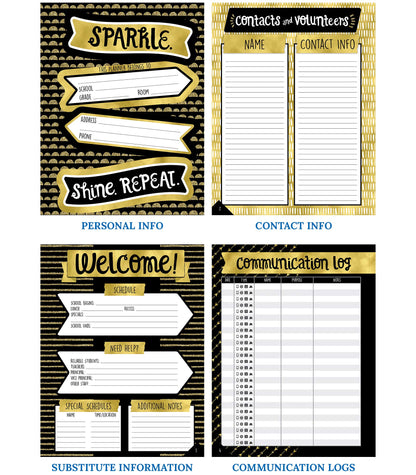 Carson Dellosa Sparkle and Shine Teacher Planner, 8" x 11" Black and Gold Spiral Bound Lesson Plan Book With Stickers, Checklist, Notes, School Supplies for Classroom Organization