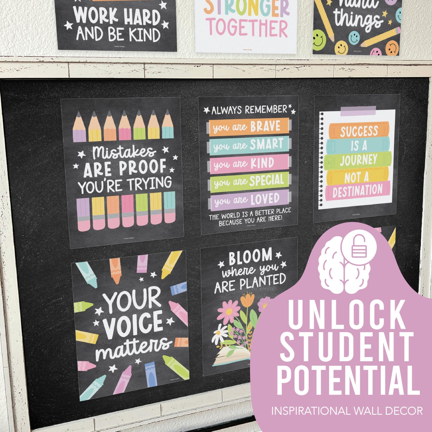 Hadley Designs Motivational Poster for Classroom Decor -9 Growth Mindset Classroom Posters Elementary, Inspirational Wall Decor Middle School, Teacher Must Haves, Chalkboard Bulletin Board Decorations