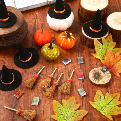 Yuntau 36 Pieces Mini Halloween Decorations 12 Mini Felt Witch Hats 12 Small Brooms 12 Miniature Dollhouse Books Tiny Witch Accessories Set for DIY Crafts Halloween Party Decor Supplies