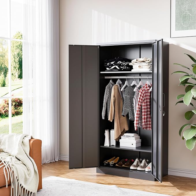 BYNSOE Metal Armoire Wardrobe Closet with 2 Doors 72'' Wardrobe Cabinet with Hanging Rail Metal Closet with Adjustable Shelves for Bedroom.Require Assembly (Black)