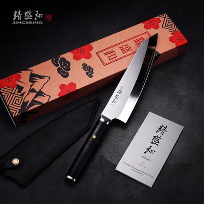 Jingseiho Japanese Chef Knife 7 in, Lab Tested Ultra Sharp, High Carbon Steel VG-10 Core, Genuine Leather Sheath, An Ideal Kitchen Gift for Home Cooks and Professional Chefs