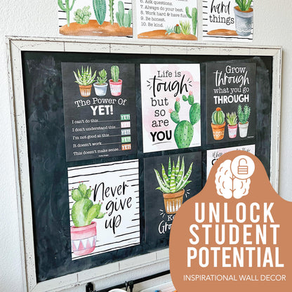 Hadley Designs Motivational Poster for Classroom Decor - 9 Growth Mindset Classroom Posters Elementary, Inspirational Wall Decor Middle School, Teacher Must Haves, Cactus Bulletin Board Decorations