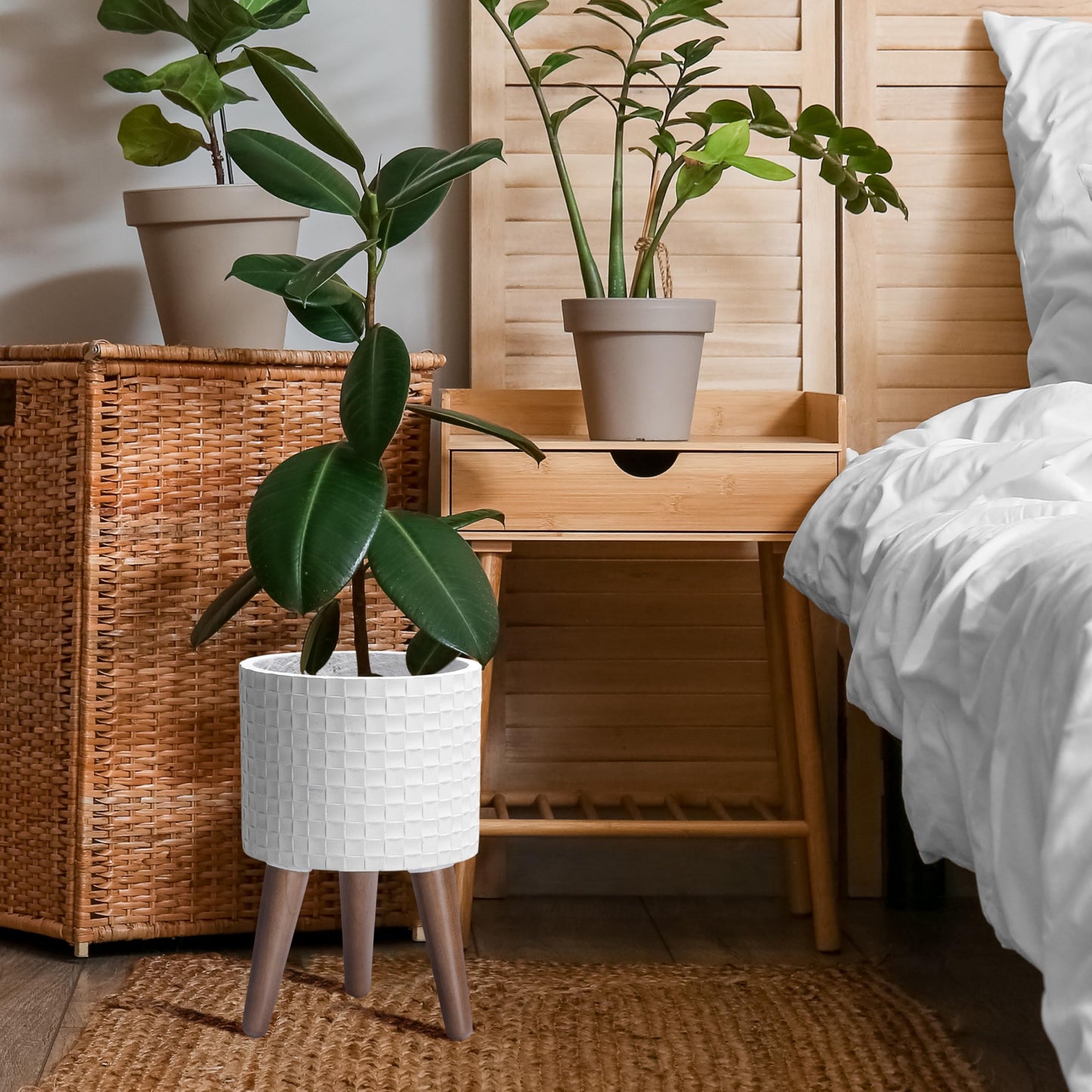 D'vine Dev 8 Inch Modern Geometric Tile Patterned Sleek Planter Pot with Stand, Indoor Outdoor Decorative Plant Holder, Matte White, 88-Z-A-1