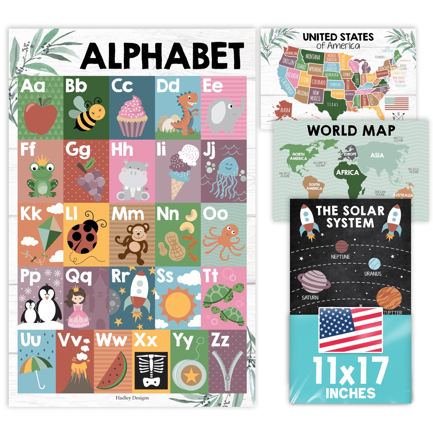 4 Alphabet, Map of United States, World Map, & Solar System Posters - Laminated ABC Charts for Toddlers Wall Decor, Farmhouse Posters for Kindergarten, Prek Classroom or Homeschool 11x17