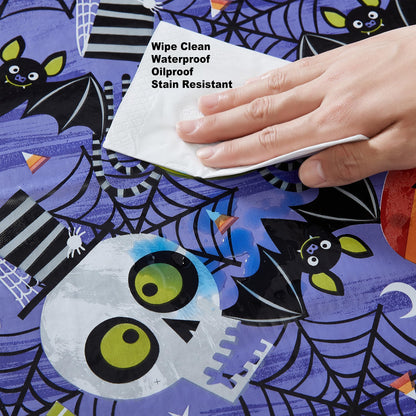 Newbridge Halloween Whimsical Ghoulish Gang 52 x 52 Inch Square Vinyl Tablecloth with Flannel Backing, Fun Skulls and Pumpkin Design, Easy Care Wipe Clean Halloween Table Cover