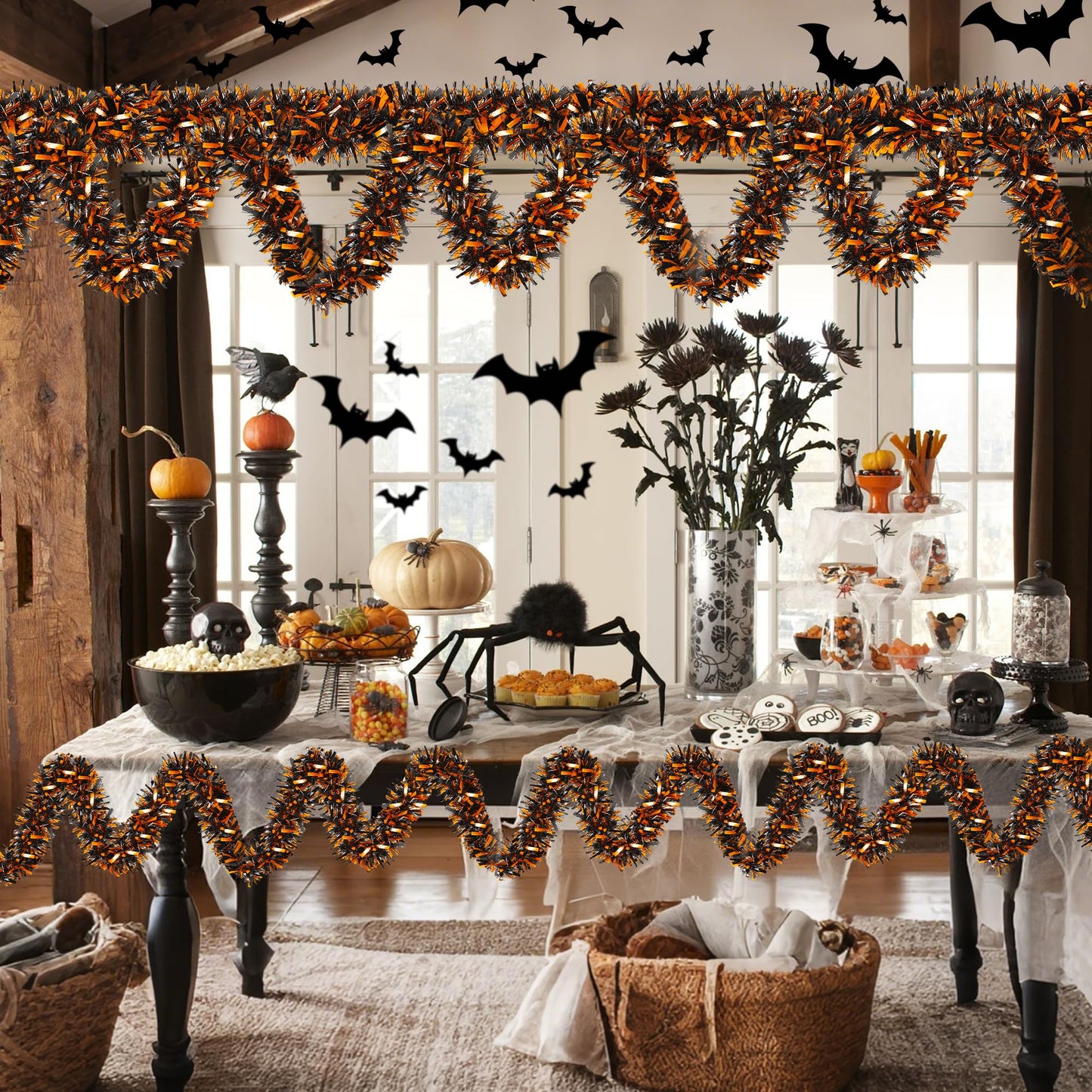 Halloween Decorations, 50FT Halloween Tinsel Garland Shiny Orange Black Metallic Twist Hanging Garland for Indoor Outdoor Home Tree Stairs Party Decorations