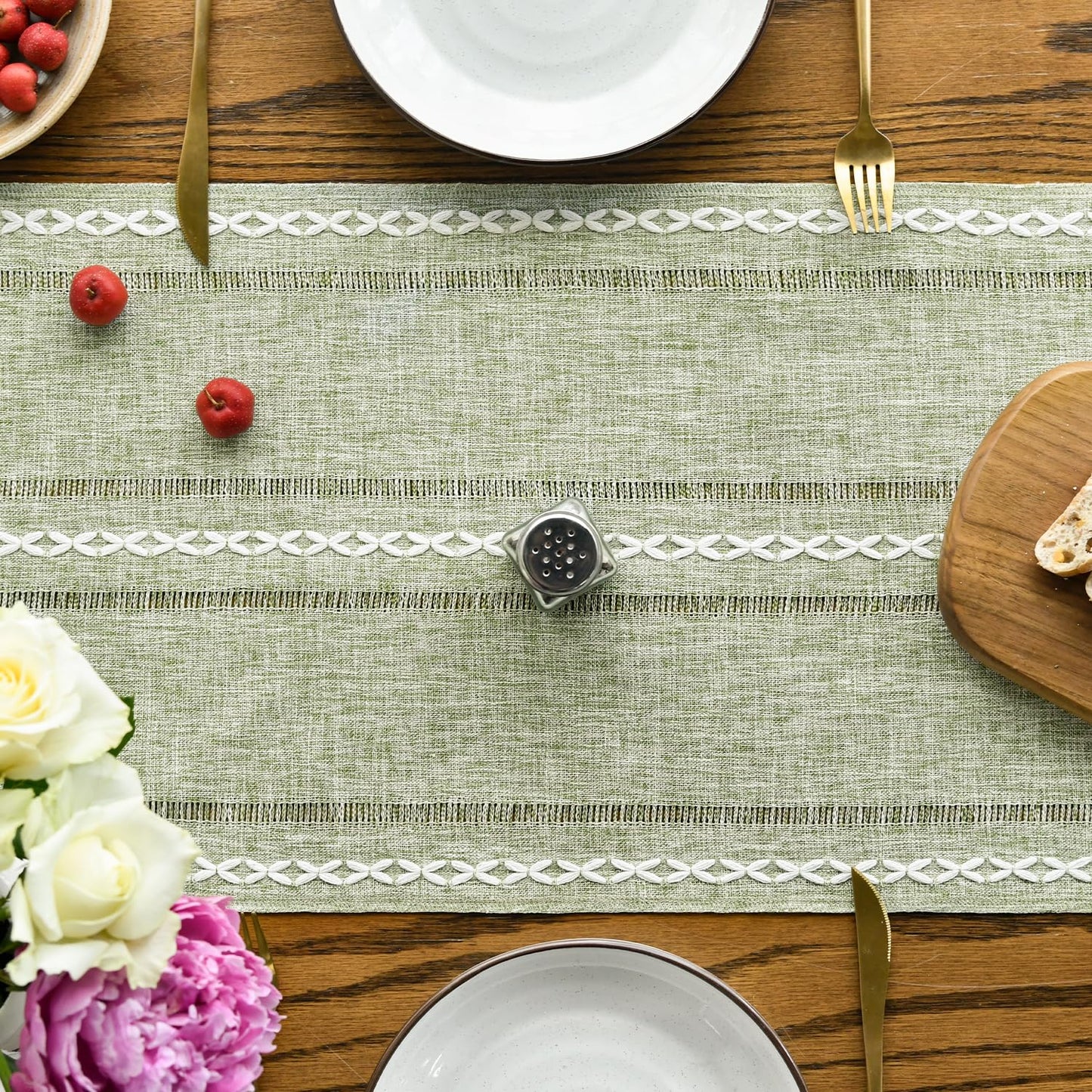 Artoid Mode Sage Green Rustic Cotton Linen Table Runner, Seasonal Embroidered Hollow Kitchen Dining Table Decoration for Home Party Decor 13x60 Inch