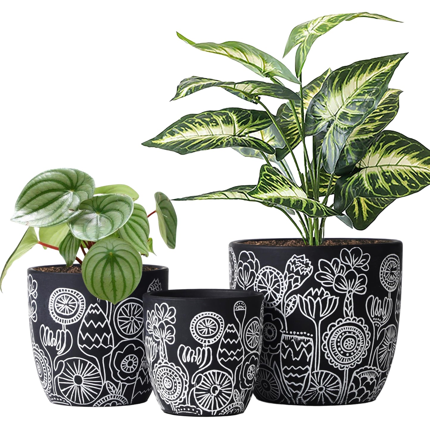 FUYHE Terracotta Pots, 6.5+5+4.4 Inch Plant Pots with Drainage Hole- Floral Pattern, Black Boho Ceramic Planters for Indoor Plants, Flower Pots Indoor Succulents, Herbs Plants,Set of 3
