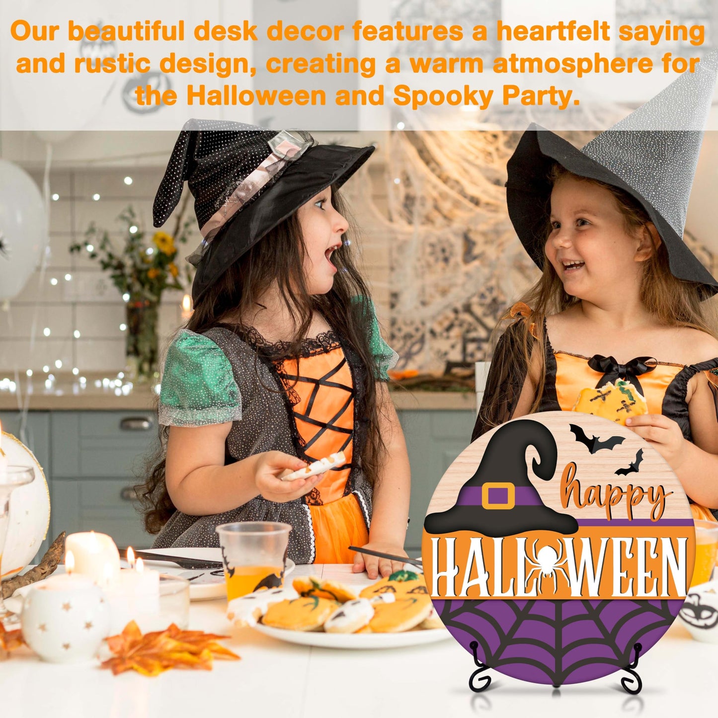Seclate Halloween Desk Decorations for Home, Witch Hat Wooden Table Centerpieces for Office Living Room Shelf Decor, Spider Web Gifts for Women Friends - E07