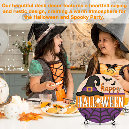 Seclate Halloween Desk Decorations for Home, Witch Hat Wooden Table Centerpieces for Office Living Room Shelf Decor, Spider Web Gifts for Women Friends - E07