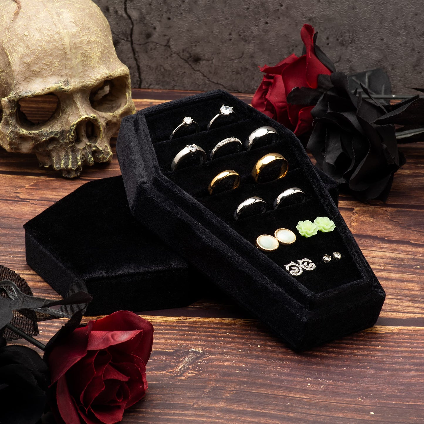 Giftop Large Velvet Coffin Ring Box Jewelry Tray Travel Case Hold Up 15 Rings for Accessories Gothic Home Jewelry Organizer Decorations Goth Decor Gifts (Black)