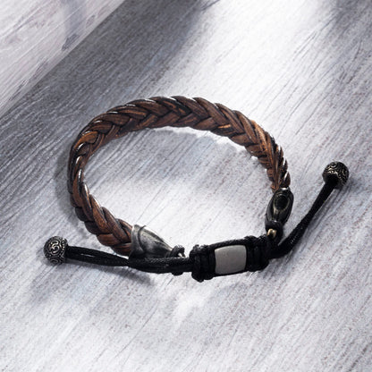 Hius Leather Bracelet for Men, Brown Adjustable Braided Leather Bracelet Wristband, Men's Leather Jewelry