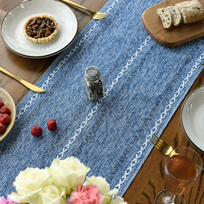 Artoid Mode Blue Rustic Cotton Linen Table Runner, Seasonal Embroidered Hollow Kitchen Dining Table Decoration for Home Party Decor 13x72 Inch