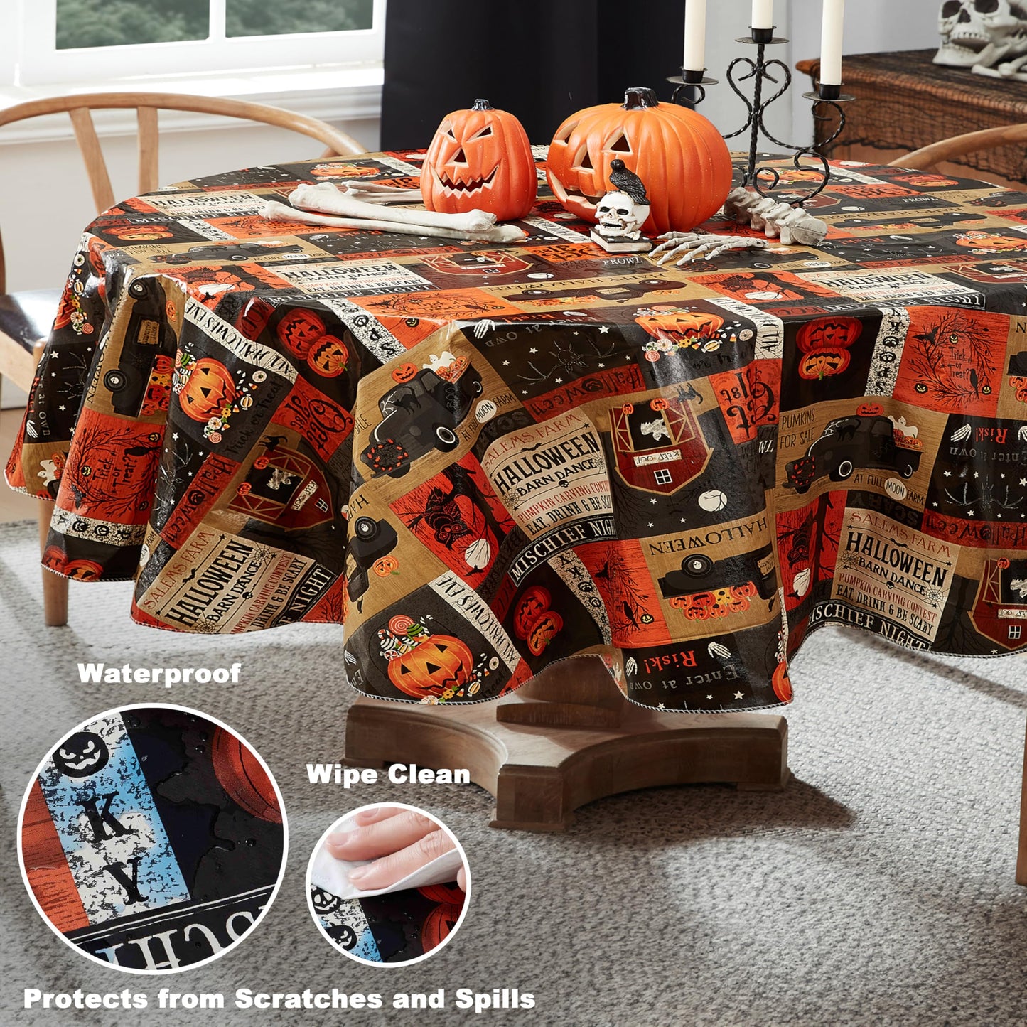 Newbridge Halloween Rustic Spooky Farm 60 x 84 Inch Oval Vinyl Tablecloth with Flannel Backing, Vintage Halloween Truck and Pumpkin Design, Easy Care Wipe Clean Table Cover