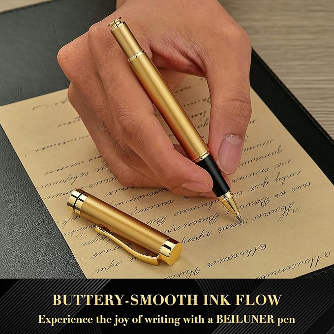 BEILUNER Personalized Ballpoint Pens, Stunning Bright Silver Chrome Metal Pen with Golden Trim, Fancy Ball Pen Gift Set for Men & Women, Graduation,Office, Nice Gift Box with 0.5mm Black Spare Refill