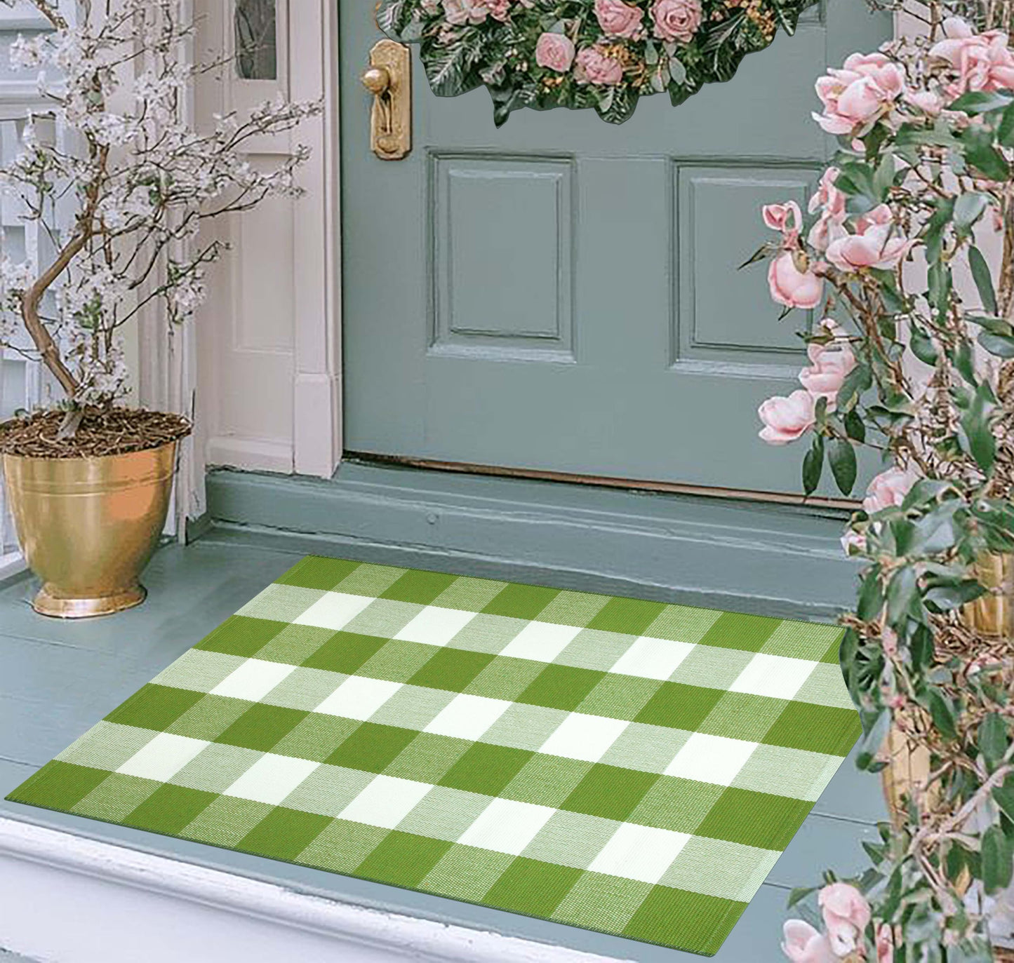 Green and White Outdoor Rug 27.5''X 43.3'' Buffalo Checked Porch Rug Cotton Woven Washable Layering Door Mat for Welcome Door Mat Porch Entryway Bedroom Living Room