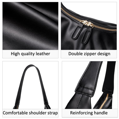 Small Shoulder Bag for Women Cute Hobo Purses Trendy Leather Tote Handbags Classic Black Underarm Purse with Double Zipper