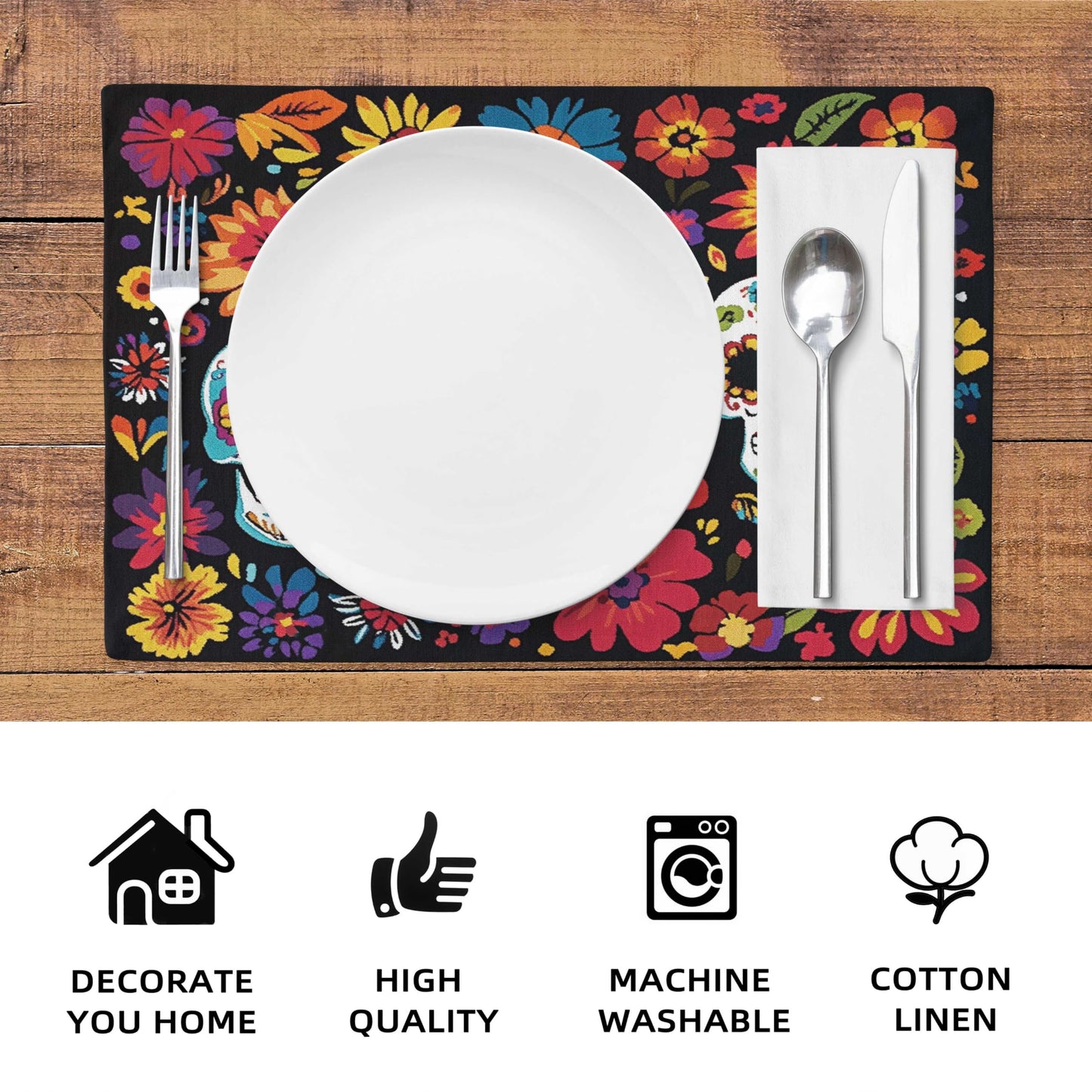 Flowers Skull Placemats Set of 4,Halloween Sugar Skulls Table Mats Mexican Day of The Dead Skeleton Place Mats Linen Heat Resistant Placemats Party Dining Decoration Kitchen