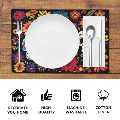 Flowers Skull Placemats Set of 4,Halloween Sugar Skulls Table Mats Mexican Day of The Dead Skeleton Place Mats Linen Heat Resistant Placemats Party Dining Decoration Kitchen