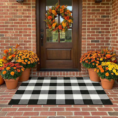 WAYYE Buffalo Plaid Outdoor Rug 27.5" x 43" Black and White Checkered Area Rug Washable Doormats Indoor Outdoor Rugs for Layered Front Door Mats, Porch, Entryway, Kitchen, Farmhouse
