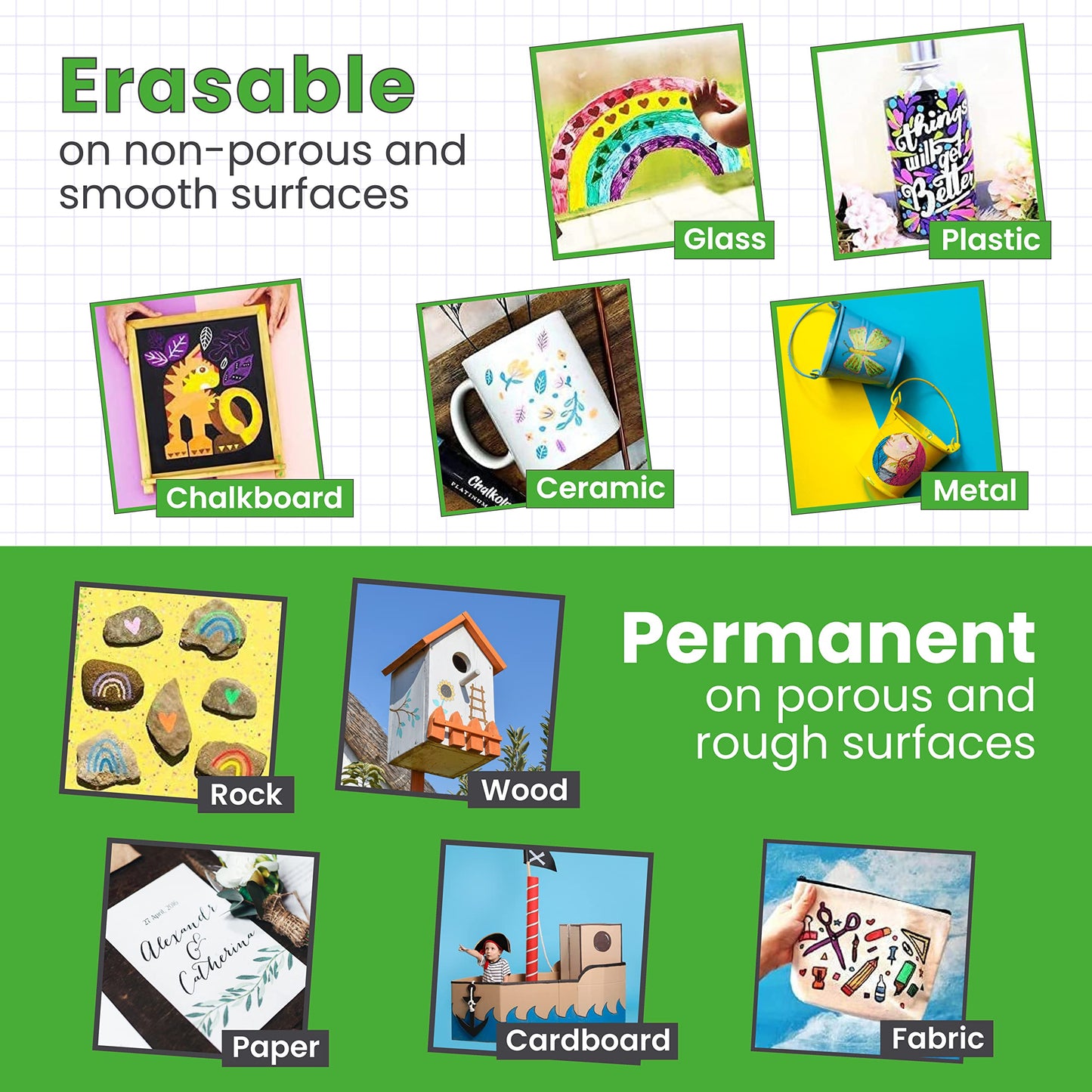 5 Green Chalkboard Chalk Pens - Green Dry Erase Markers for Blackboard, Chalkboard Signs, Windows, Glass | Variety Pack - Fine & Jumbo Size Ink Pen (1mm, 3mm, 6mm, 10mm, 15mm)