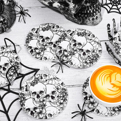 Whaline 6Pcs Halloween Ceramic Coasters with Iron Holder Skull Floral Drink Coasters Absorbent Cup Mat for Mug Cup Home Kitchen Party Table Decor