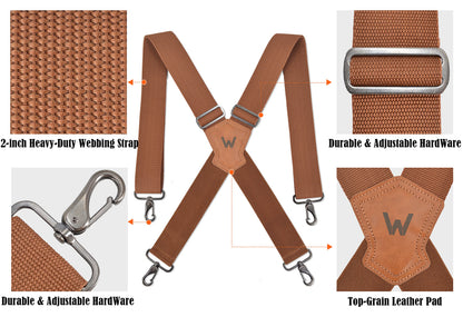 WELKINLAND Brown 2 inch wide suspenders, Heavy duty work suspenders for men, Swivel hook suspender, Thick suspender with belt loops