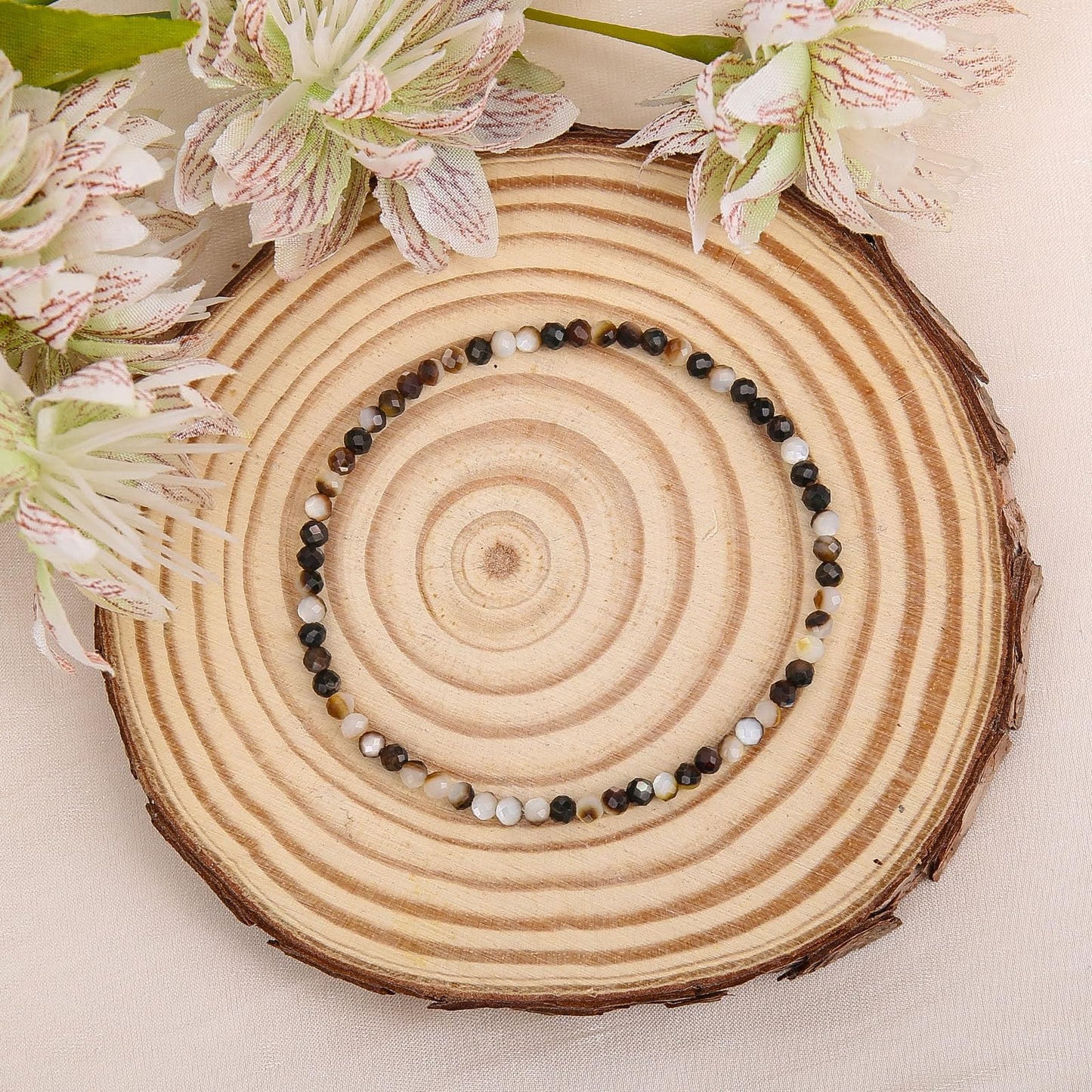 BONNY BOXX Natural Genuine Gemstone Faceted Round Beads Bracelet, 3mm Adjustable Stretchy Tiny Faceted Black Shell, Healing Crystal Reiki Chakra Dainty Jewelry Fashion Gifts