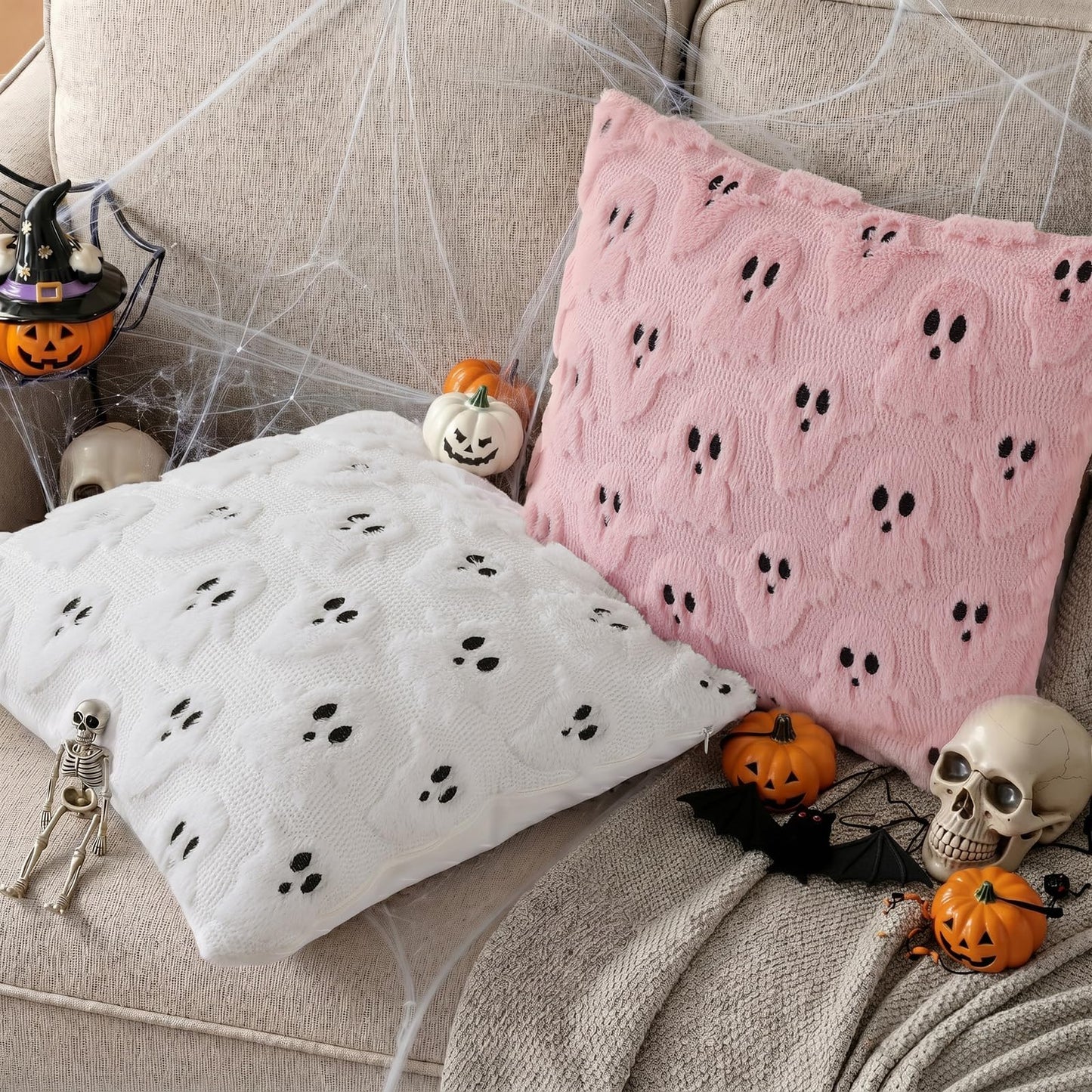 decorUhome Fall Halloween Ghost Pillow Covers 16x16 Pack of 2 Soft Plush Faux Wool Textured Throw Pillow Covers Cute 3D Ghost Decorative Cushion Cases for Couch Sofa Bedroom Home Decor, Blush Pink