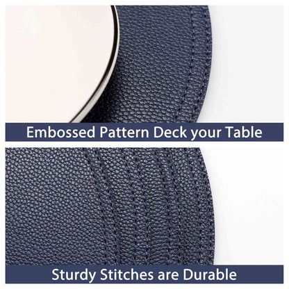 Jovono Navy Faux Leather Round Placemats and Coasters, Coffee Mats Kitchen Table Mats, Waterproof, Easy to Clean for Round Table, Dining Table