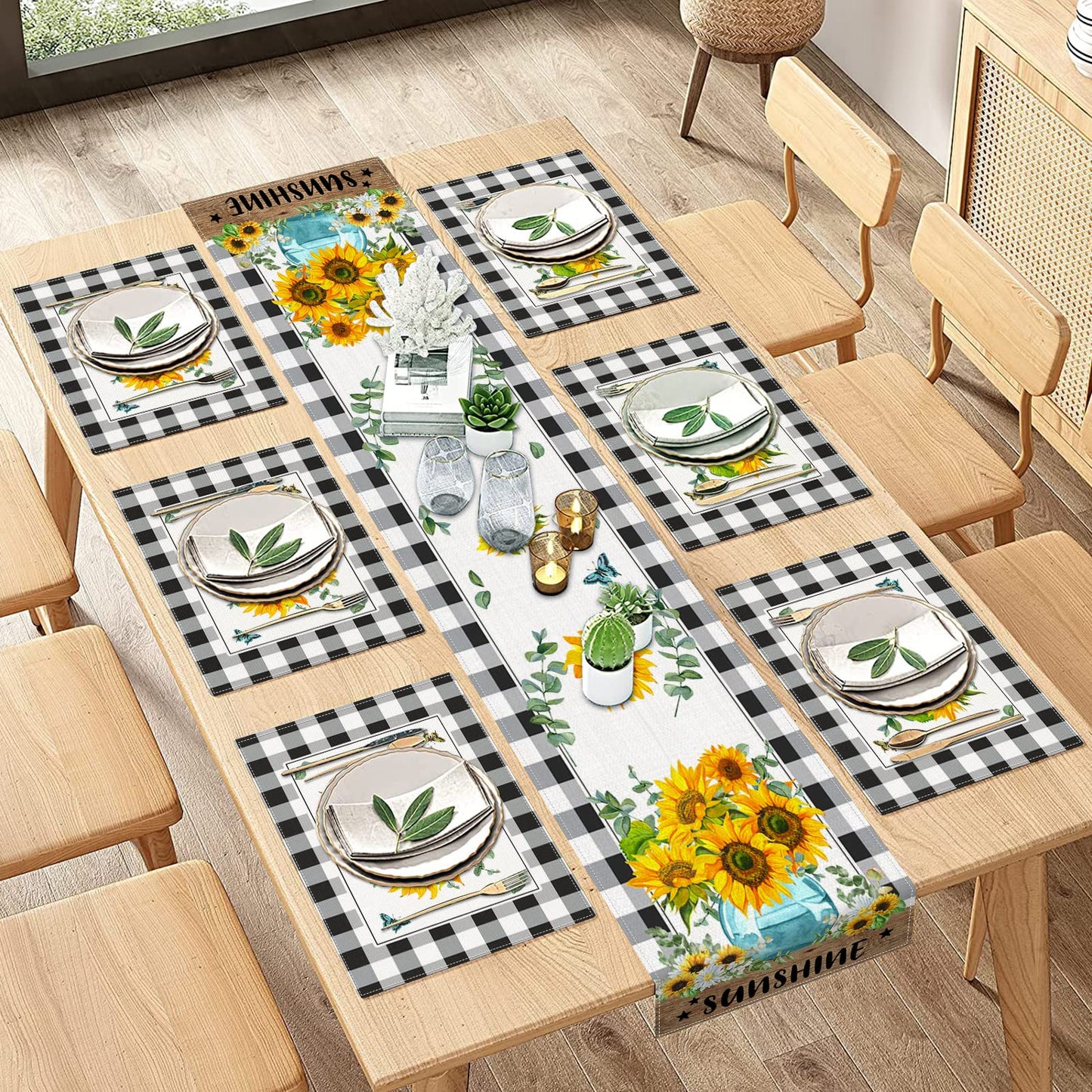 ArtSocket Sunflower Table Runner and Placemats Set of 6, Black White Buffalo Plaid Floral Flower Dining Decor for Daily Use(1 Table Runner 72 inches Long and 6 Placemats)