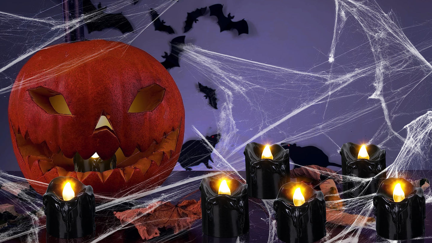 Renbuzhu 24Pcs Halloween Decorations Indoor Candles Black Tea Lights: Led Flameless Tealight Battery Operated Table Decor with Spider Webs (No Timer&Remote)