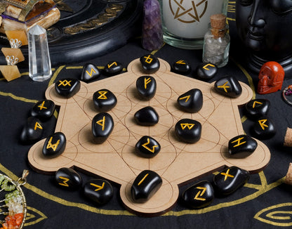 Crocon Fathers day gift Black Tourmaline Tumble Shape Gemstone Runes Stones with Elder Futhark Alphabet Engraved 25 pcs Runes Set Crystal Divination Healing Chakra Reiki with a Pouch Size : 15-20 mm